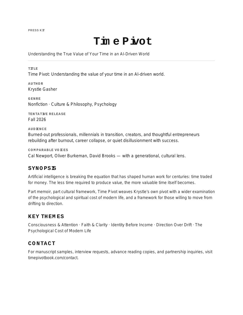 First page preview of the Time Pivot press kit